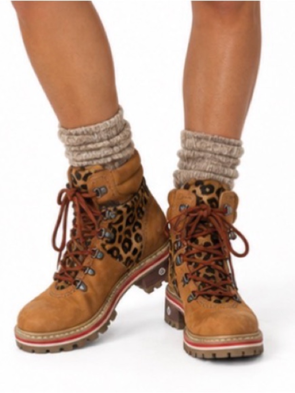 Leopard Accent Tan Lace-Up Women's Hiking Gorpcore Boho Rustic Boots Size 6.5